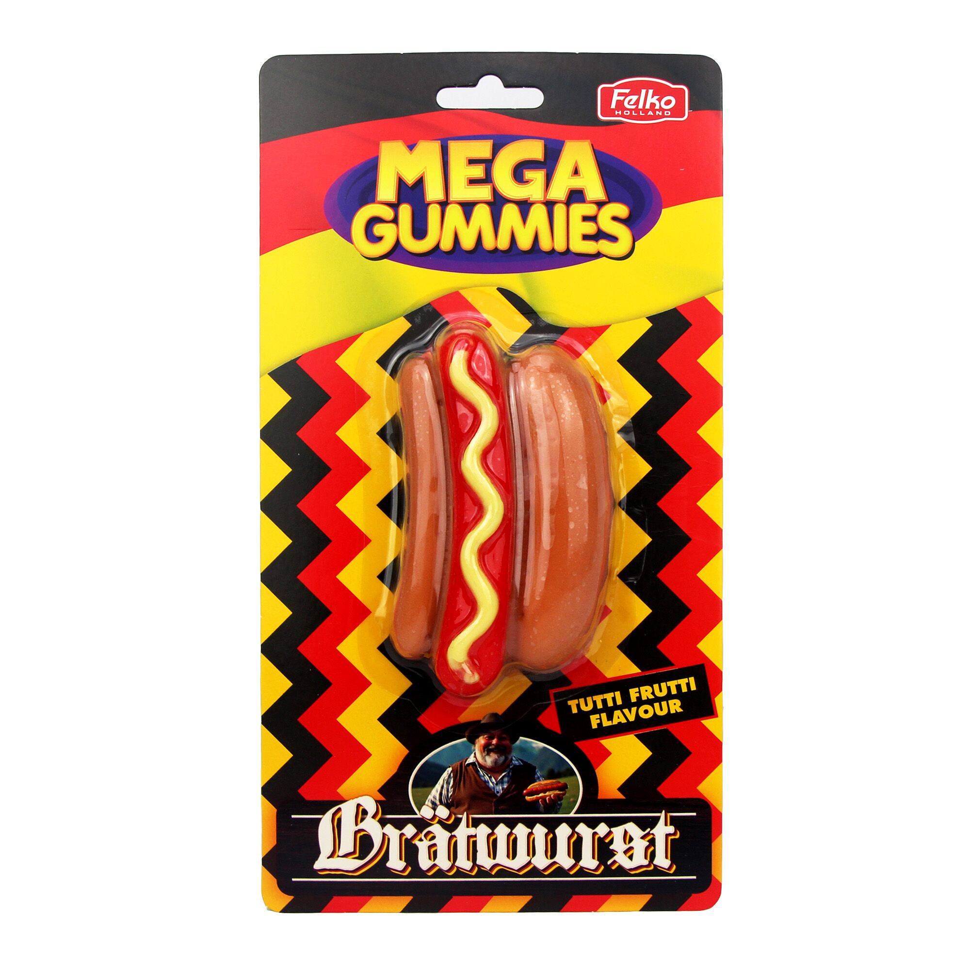 Mega Gummies BratWurst saveur Tutti Frutti 120g Mega Gummies BratWurst saveur Tutti Frutti 120g